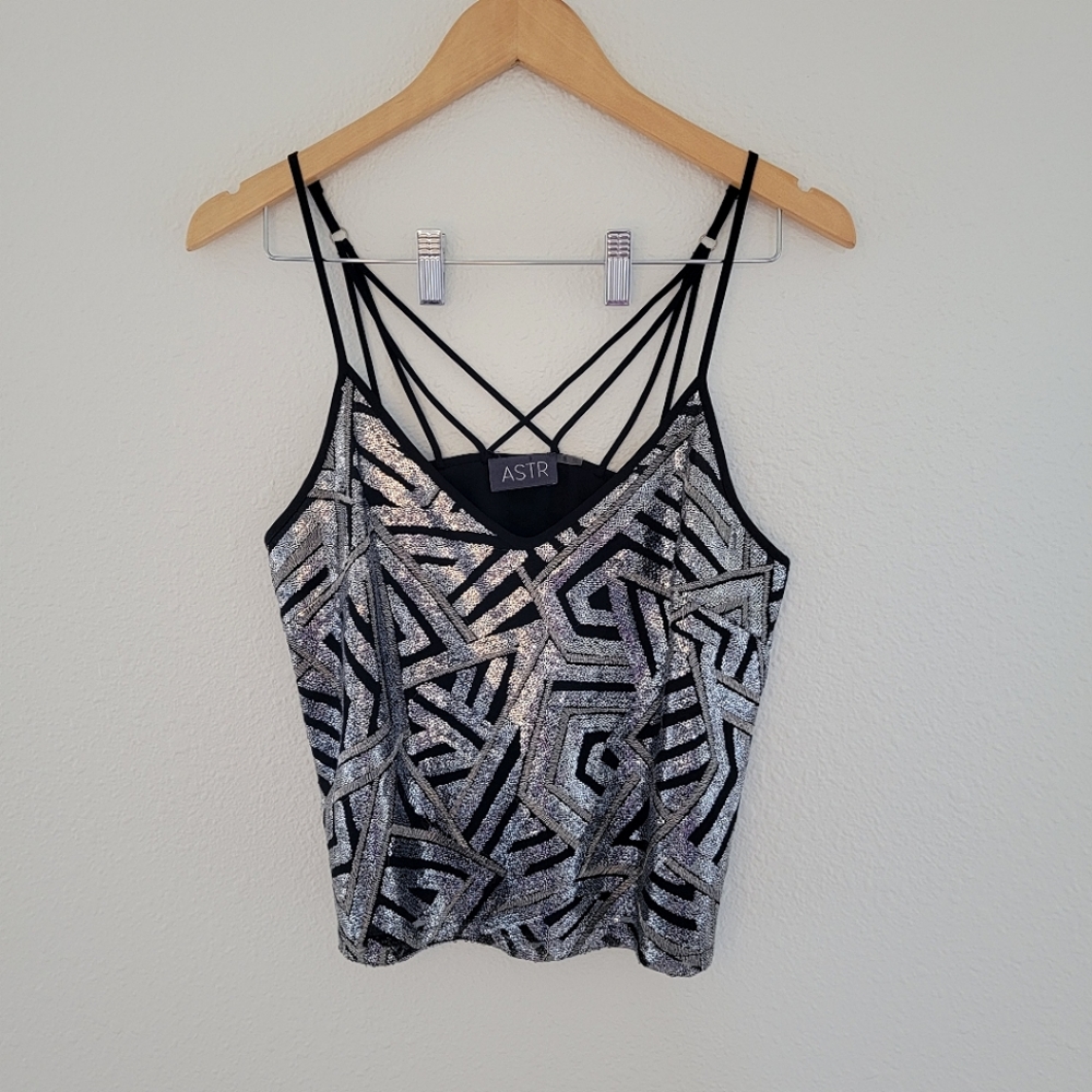 ASTR Sequin Strappy V-neck Spaghetti Strap Tank Top Blouse Black Silver Party